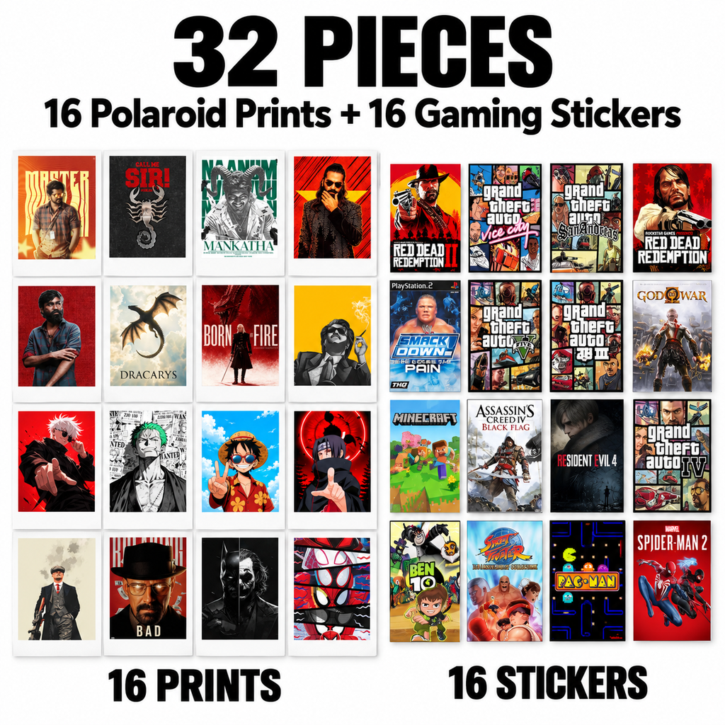 32-Piece Mini Photo Prints & Gaming Stickers Combo | 16 Polaroid-Style Prints + 16 Stickers