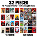 32-Piece Mini Photo Prints & Gaming Stickers Combo | 16 Polaroid-Style Prints + 16 Stickers